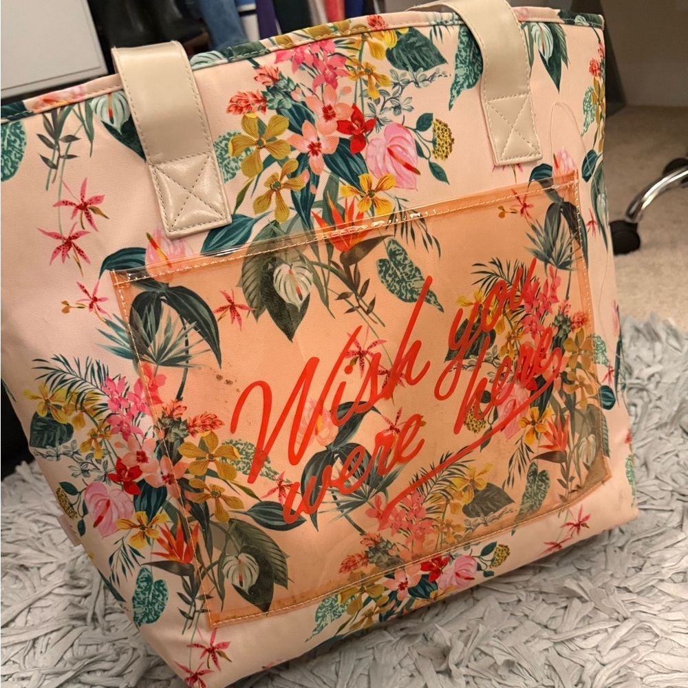 Insulated Floral Tote Bag with Transparent Pocket - Picture 3 of 7